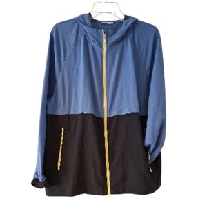 Blue and Black Hooded Jacket with Yellow Accents